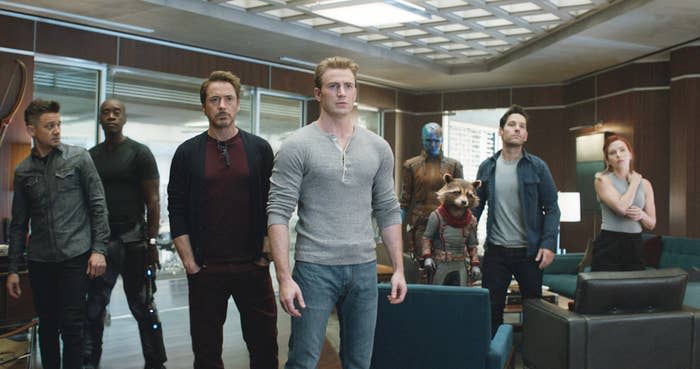 (L-R) Clint Barton (Jeremy Renner), James Rhodes (Don Cheadle), Tony Stark (Robert Downey Jr.), Steve Rogers (Chris Evans), Nebula (Karen Gillan), Scott Lang (Paul Rudd) and Natasha Romanoff (Scarlett Johansson) in "Avengers: Endgame"