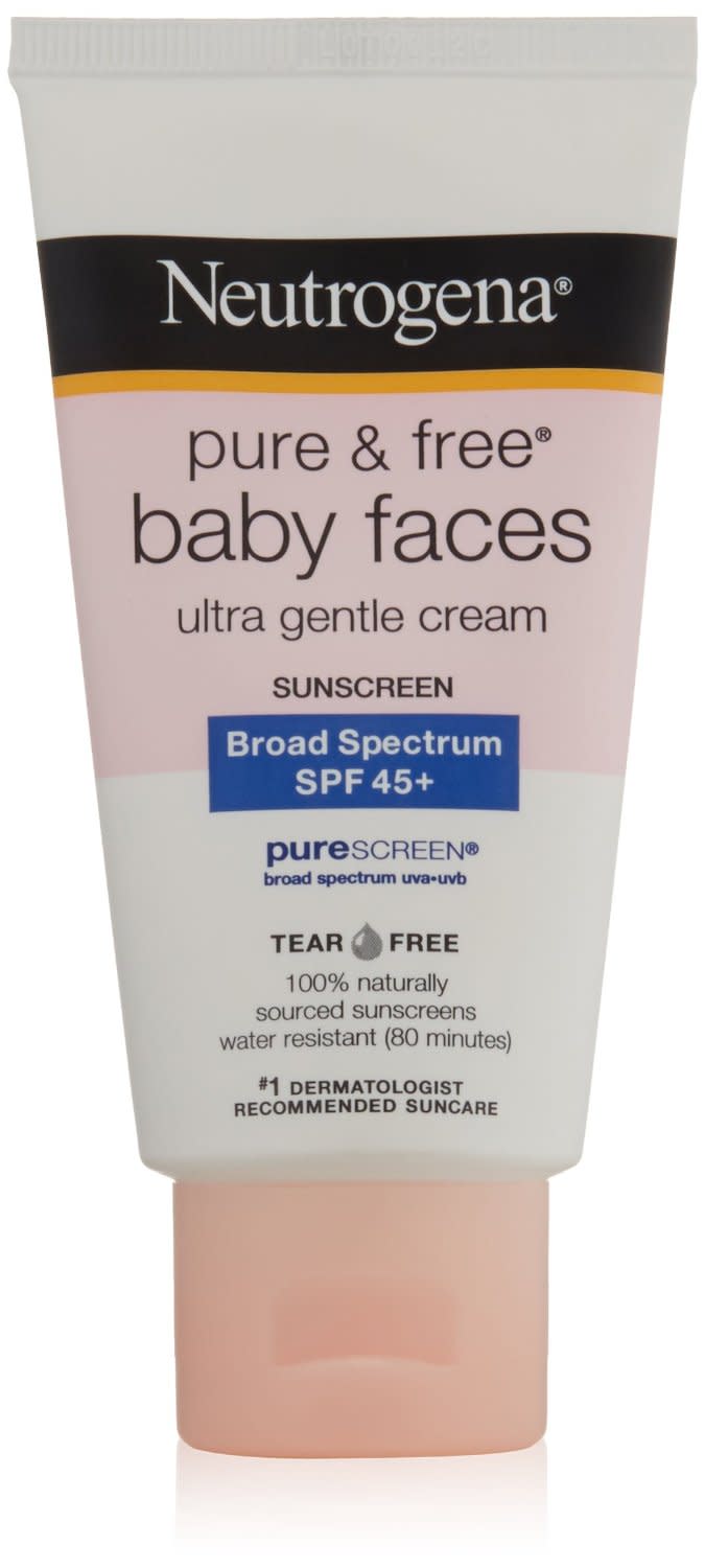 Active Ingredients: 5% titanium dioxide, 2.9% zinc oxide While the Neutrogena Wet Skin Kids sunscreens got called out this year for toxic ingredients and misleading SPF labeling from the Environmental Working Group, the Pure & Free Baby Faces sunscreen got a strong rating. The tear-free formula is free of fragrances and dyes and designed to work gently on baby’s skin. The hypoallergenic formula has been approved by the National Eczema Association making it OK for babies with eczema, rashes, or sensitive skin. Another bonus? It stays on for 80-minutes in the water. Neutrogena Pure & Free Baby Faces Sunscreen SPF 45 ($11.49)