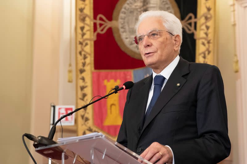 Italian President Sergio Mattarella speaks during a ceremony on the tenth anniversary of the death of former Italian President Francesco Cossiga, at the University of Sassari