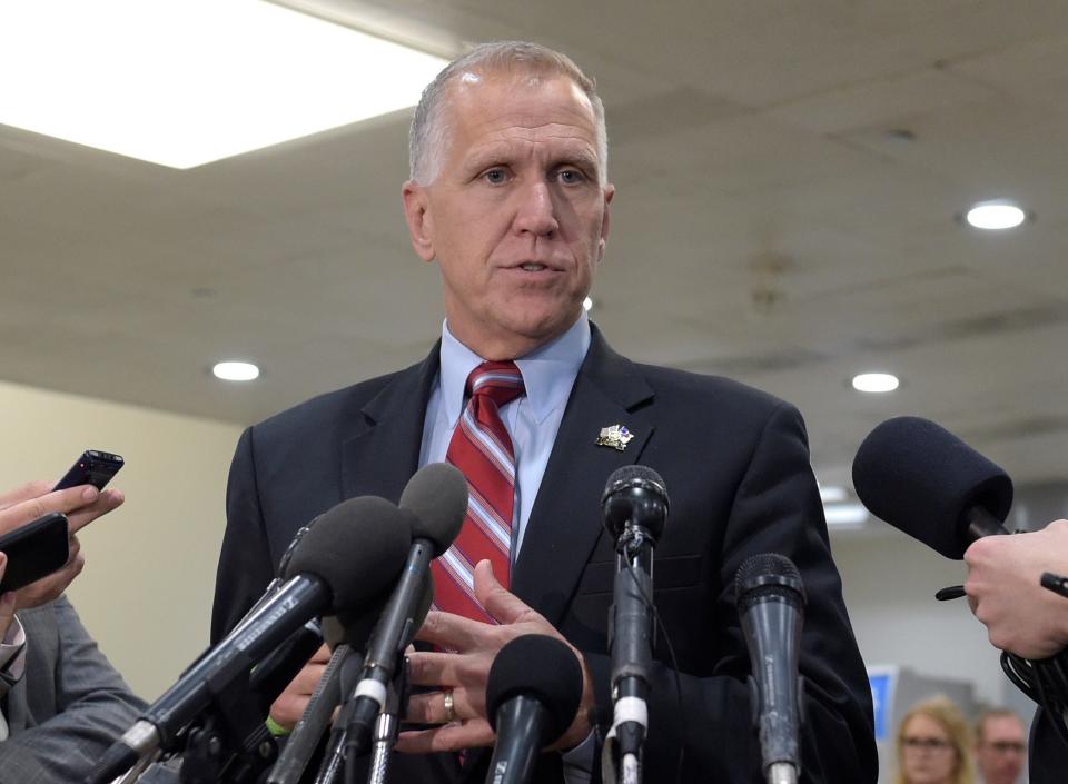 In this April 7, 2017 file photo, Sen. Thom Tillis, R-N.C., speaks to reporters on Capitol Hill in Washington.