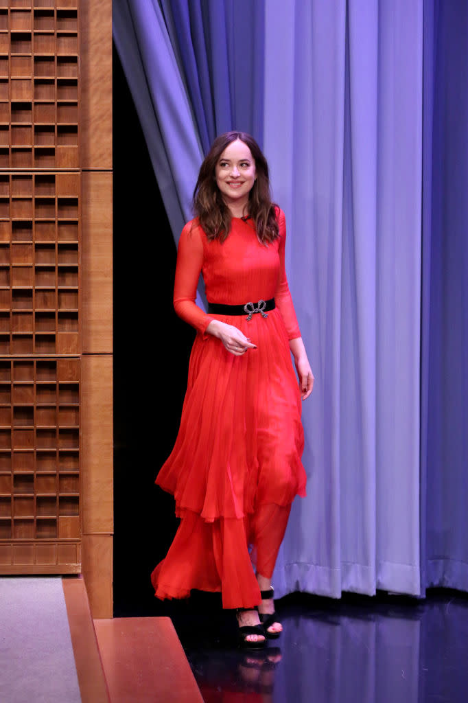 Dakota Johnson changed from one Gucci into another. (Photo: Getty Images)