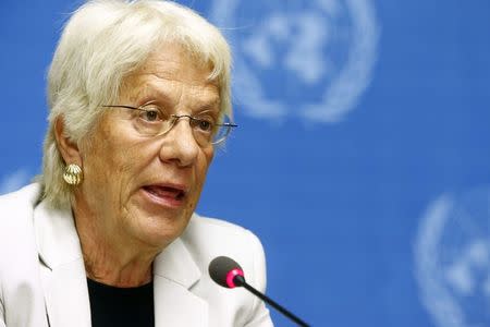 Carla del Ponte, a member of the Independent International Commission of Inquiry on the Syrian Arab Republic, attends a news conference at the United Nations headquarters in Geneva August 27, 2014. REUTERS/Pierre Albouy