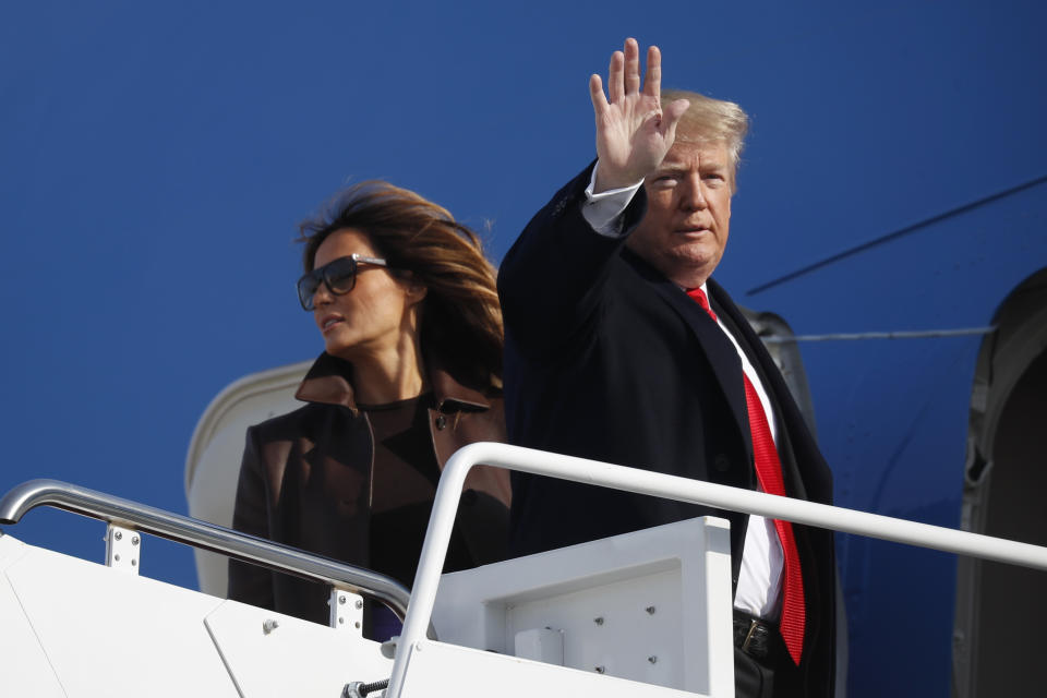 President Donald Trump and first lady Melania Trump board Air Force One, Thursday, Nov. 29, 2018 at Andrews Air Force Base, Md. Trump is traveling to Argentina to attend the G20 summit. (AP Photo/Pablo Martinez Monsivais)