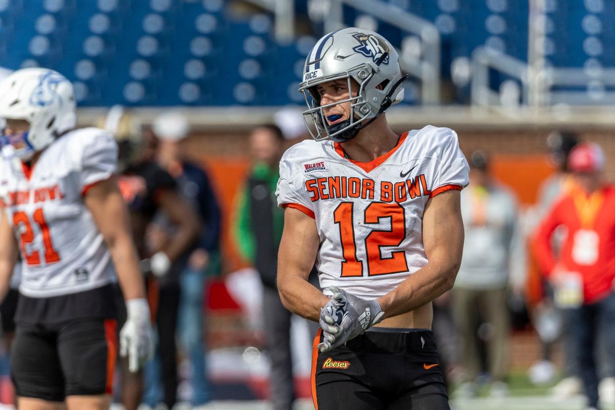 Luke McCaffrey takes part in workouts at the Senior Bowl.