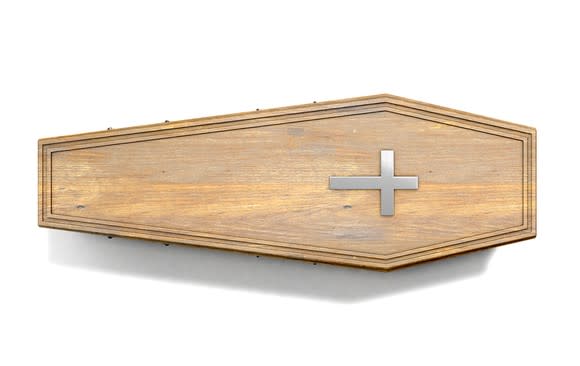 A wooden coffin.