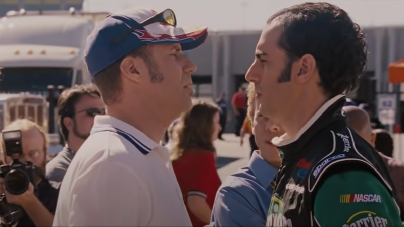 Ricky Bobby (Will Ferrell) and Jean Girard (Sacha Baron Cohen) face off in the 2006 film Talladega Nights.