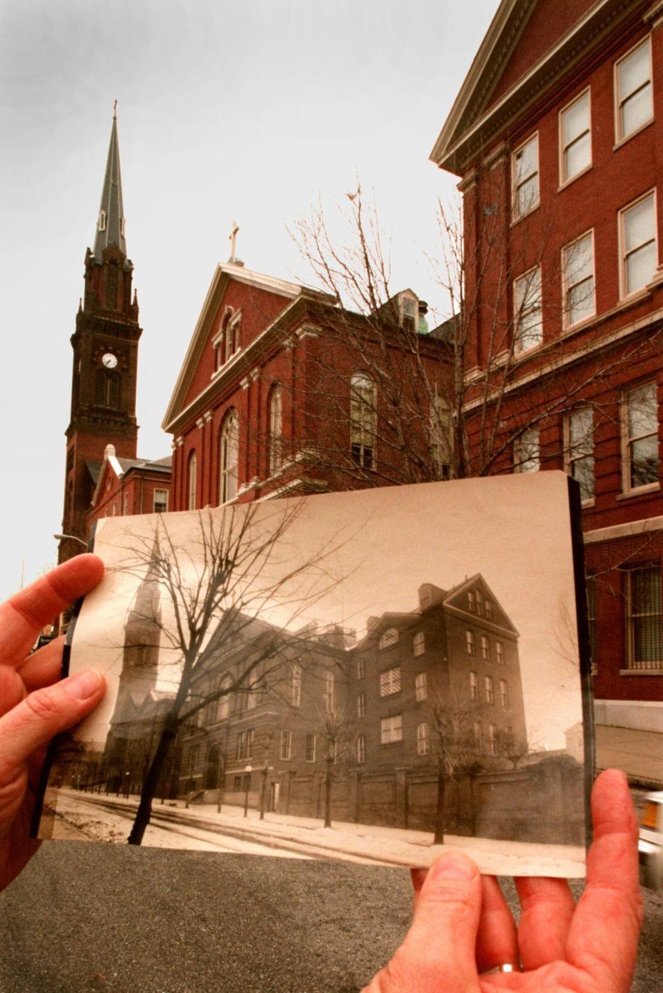 In this Dec. 19, 1996 photo, The Institute of Notre Dame is juxtaposed with a photograph from the early 1900s in Baltimore. Catholic schools have faced tough times for years, but the pace of closures is accelerating dramatically amid economic fallout from the coronavirus pandemic in 2020. The school, founded in 1847, is due to close on June 30, 2020. House Speaker Nancy Pelosi is an alumna. (Larry C. Price/The Baltimore Sun via AP)