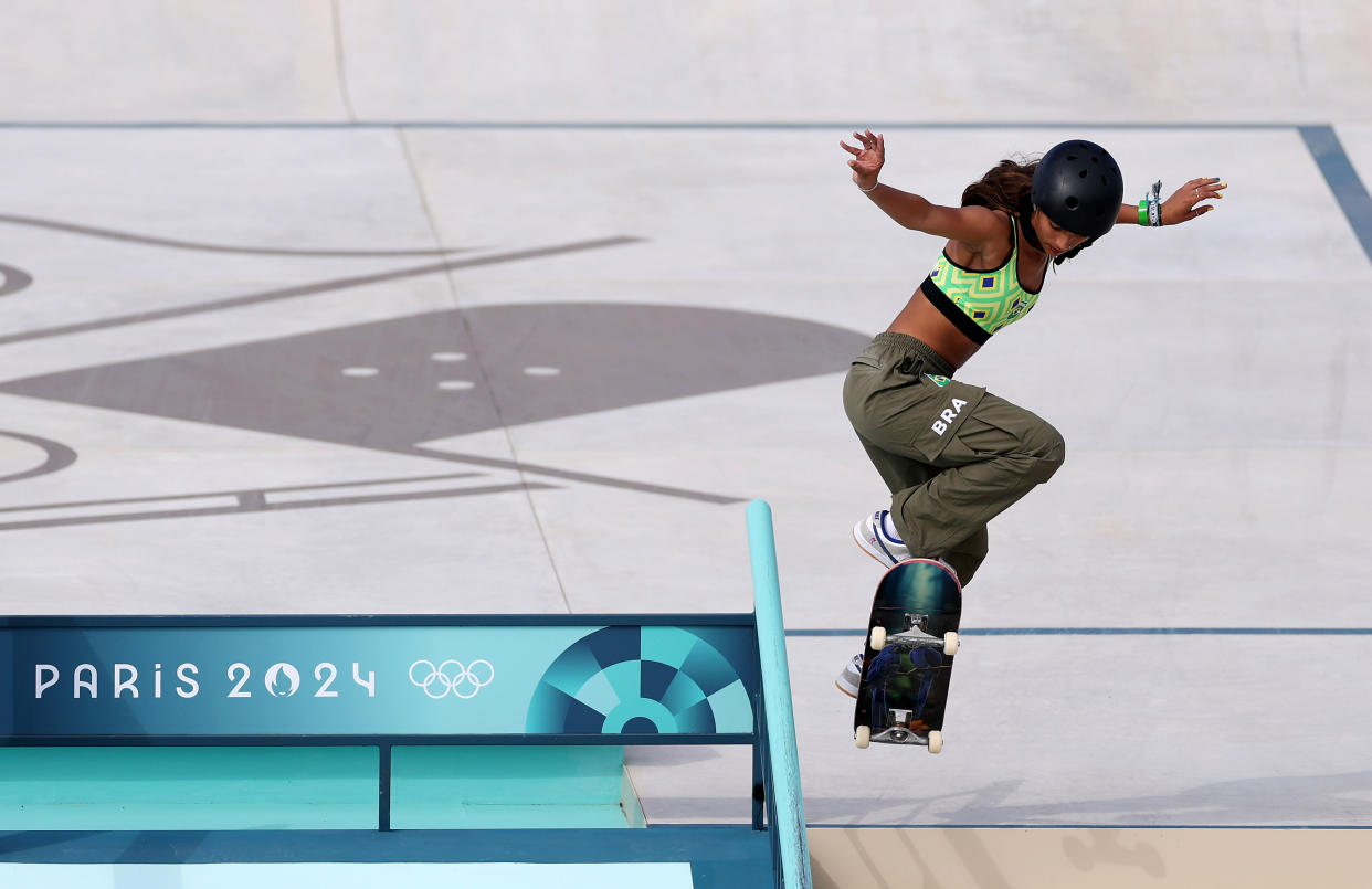 PARIS, FRANCE - JULY 28: Rayssa Leal of Team Brazil competes during the Women's Street Final on day two of the Olympic Games Paris 2024 at Place de la Concorde on July 28, 2024 in Paris, France. (Photo by Lars Baron/Getty Images)