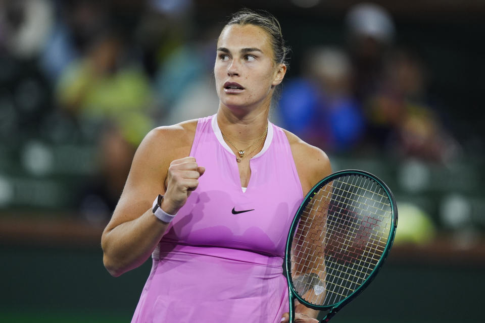 CORRECTS TO SATURDAY, MARCH 9 NOT FRIDAY, MARCH 8 - Aryna Sabalenka, of Belarus, reacts after scoring a point against Peyton Stearns, of the United States, at the BNP Paribas Open tennis tournament in Indian Wells, Calif., Saturday, March 9, 2024. (AP Photo/Ryan Sun)
