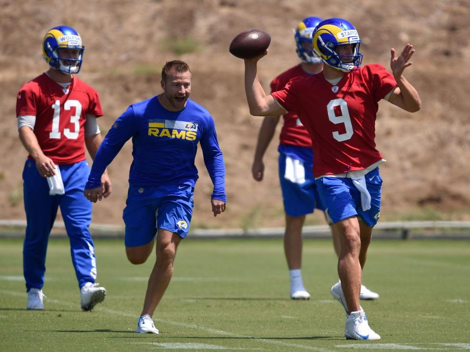 Sean McVay and Matthew Stafford at training camp.