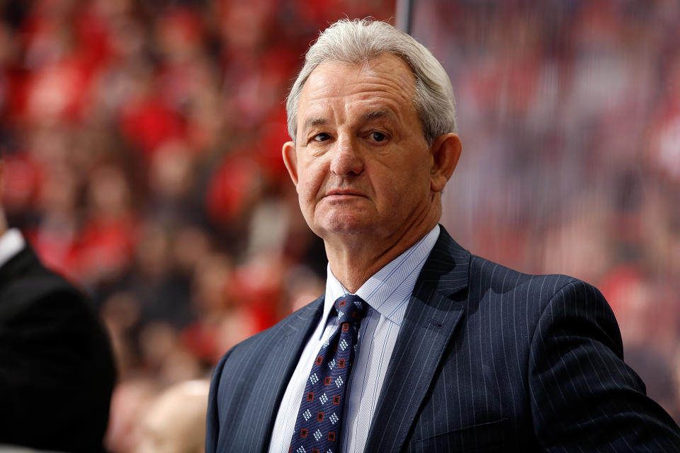 CALGARY, AB - DECEMBER 31: Head coach Darryl Sutter of the Los Angeles Kings watches the game against the Calgary Flames during an NHL game at Scotiabank Saddledome on December 31, 2015 in Calgary, Alberta, Canada.  (Photo by Gerry Thomas/NHLI via Getty Images)