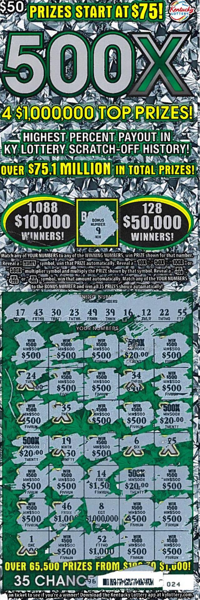 An Ohio man won $50,000 on this Kentucky Lottery scratch-off ticket last week after purchasing the ticket from a Sparta, Ky., truck stop on his lunch break.