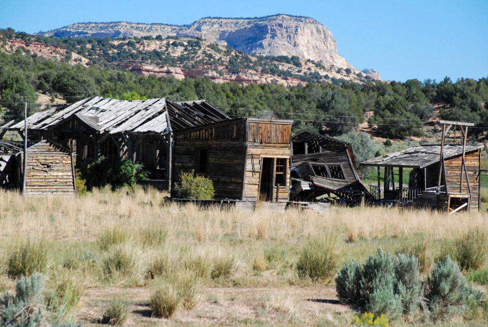 Ruins of Gunsmoke Movie set in Johnson Canyon within the Grand Staircase-Escalante National Monument northeast of Kanab Utah showing part of the white cliffs in the background which are part of the "Grand Staircase"