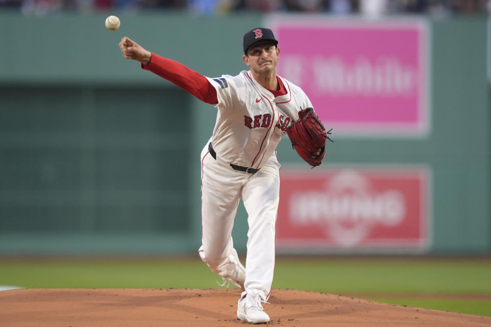 Boston Red Sox's Garrett Whitlock delivers a pitch to a Boston Red Sox batter during the first inning of a baseball game Tuesday, April 16, 2024, in Boston. (AP Photo/Steven Senne)