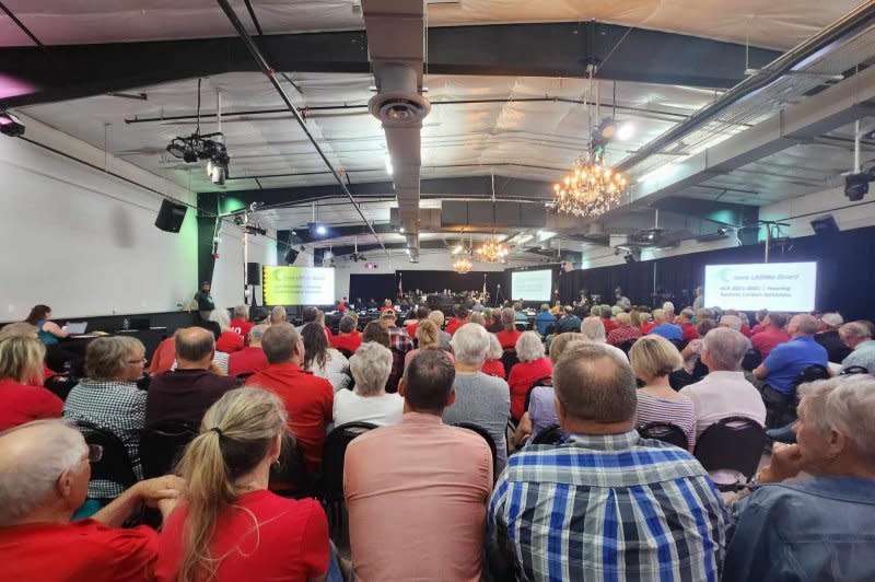 The Iowa Utilities Board hearing on the Summit Carbon Solutions pipeline project on August 22 at the Cardiff Event Center in Fort Dodge, Iowa, draws many landowners. Photo courtesy of Jessica Mazour/Sierra Club