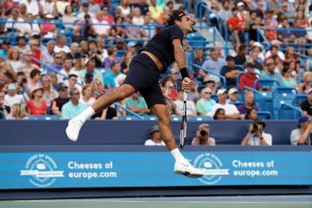 Aug 14, 2018; Mason, OH, USA; Roger Federer (SUI) serves against Peter Gojowczyk (GER) in the Western and Southern tennis open at Lindner Family Tennis Center. Aaron Doster-USA TODAY Sports