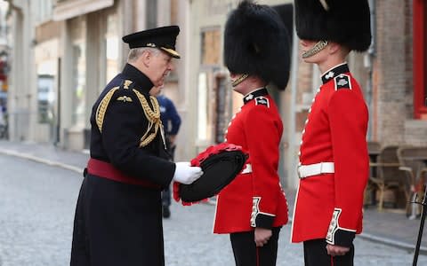 The Duke of York, in his role as colonel of the Grenadier Guards, lays a wreath at the Charles II memorial in Bruges - Credit: Jonathan Brady/PA