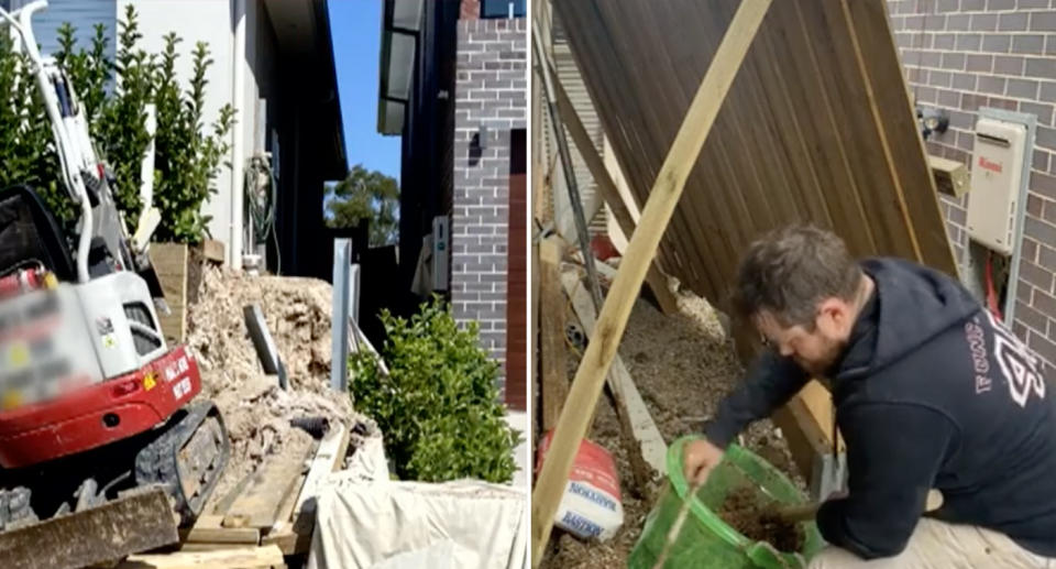 Construction between the homes as the fence is moved 7cm. Jay mixing cement as the wooden fence leans against the wall.