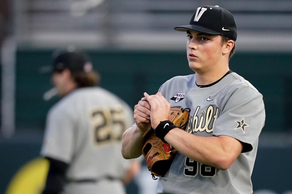Vanderbilt pitcher Greysen Carter (98) prepares to pitch against Georgia State during the fifth inning at Hawkins Field in Nashville, Tenn., Tuesday, May 2, 2023.