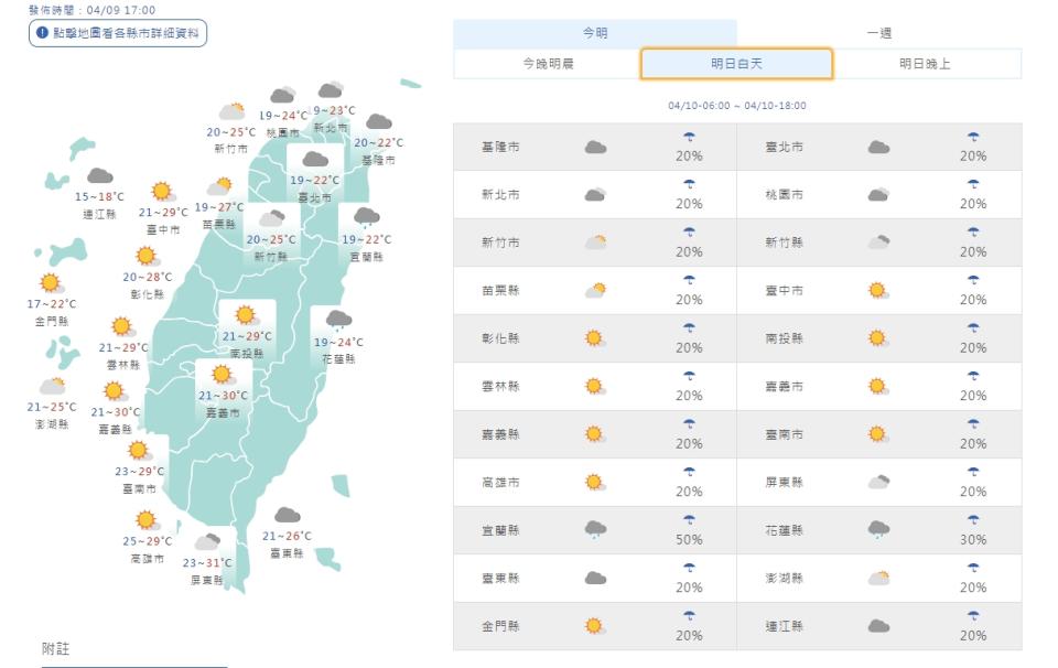 各地天氣。（圖取自中央氣象署網站）