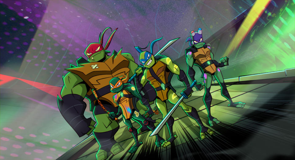 Rise of the Teenage Mutant Ninja Turtles: The Movie - (L-R) Raphael (voiced by Omar Benson Miller), Michelangelo (voiced by Brandon Mychal Smith), Leonardo (voiced by Ben Schwartz), and Donatello (voiced by Josh Brener). (Netflix)