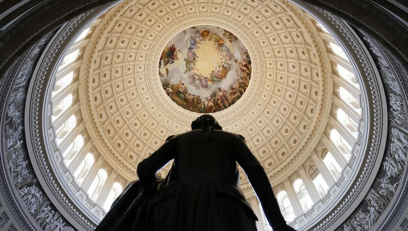 A statue of President George Washington stands in the U.S. Capitol Rotunda on Saturday, May 27, 2023, on Capitol Hill in Washington.