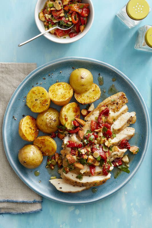 Roasted Chicken and Garlic Potatoes with Red Pepper Relish