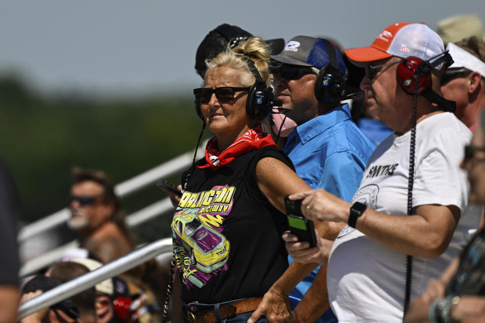 Fans attend a NASCAR Cup Series auto race at Darlington Raceway, Sunday, May 12, 2024, in Darlington, S.C. (AP Photo/Matt Kelley)