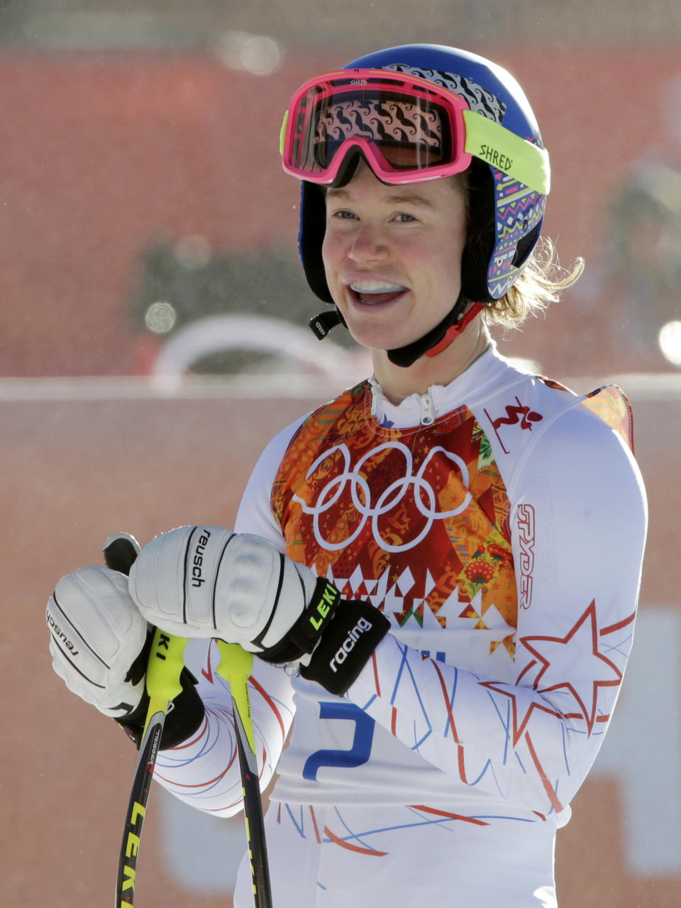 United States' Laurenne Ross smiles after a women's downhill training run for the Sochi 2014 Winter Olympics, Saturday, Feb. 8, 2014, in Krasnaya Polyana, Russia. (AP Photo/Gero Breloer)