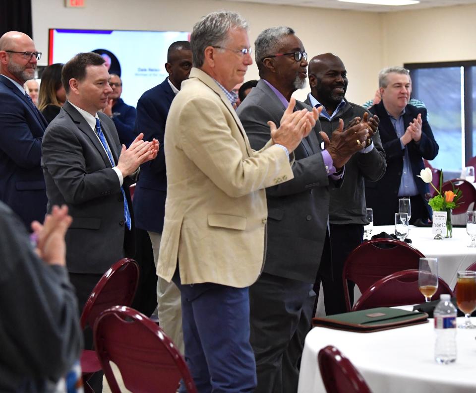 Guests give a standing ovation during the Wichitan Presentation of the Year event at MSU Sikes Lake Community Center on Tuesday, March 19, 2024.