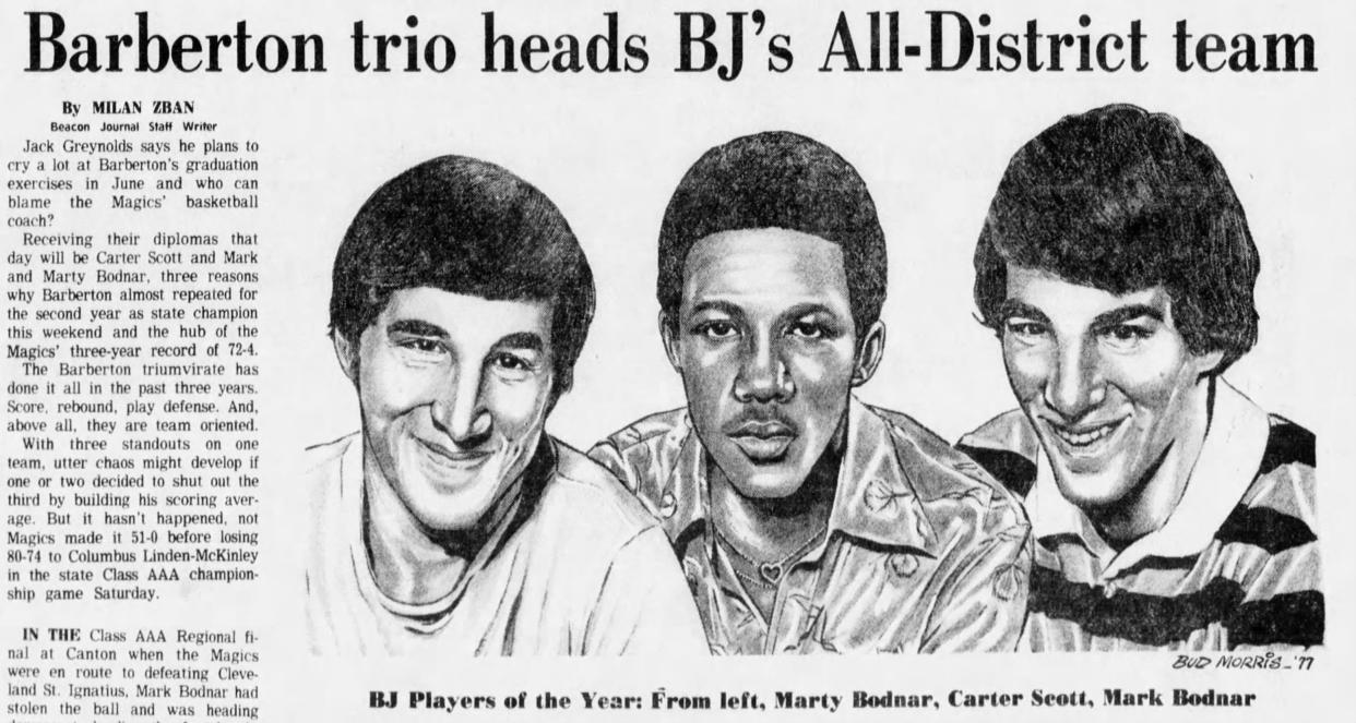 An Akron Beacon Journal illustration by artist Bud Morris of former Barberton basketball stars, from left, Marty Bodnar, Carter Scott and Mark Bodnar.