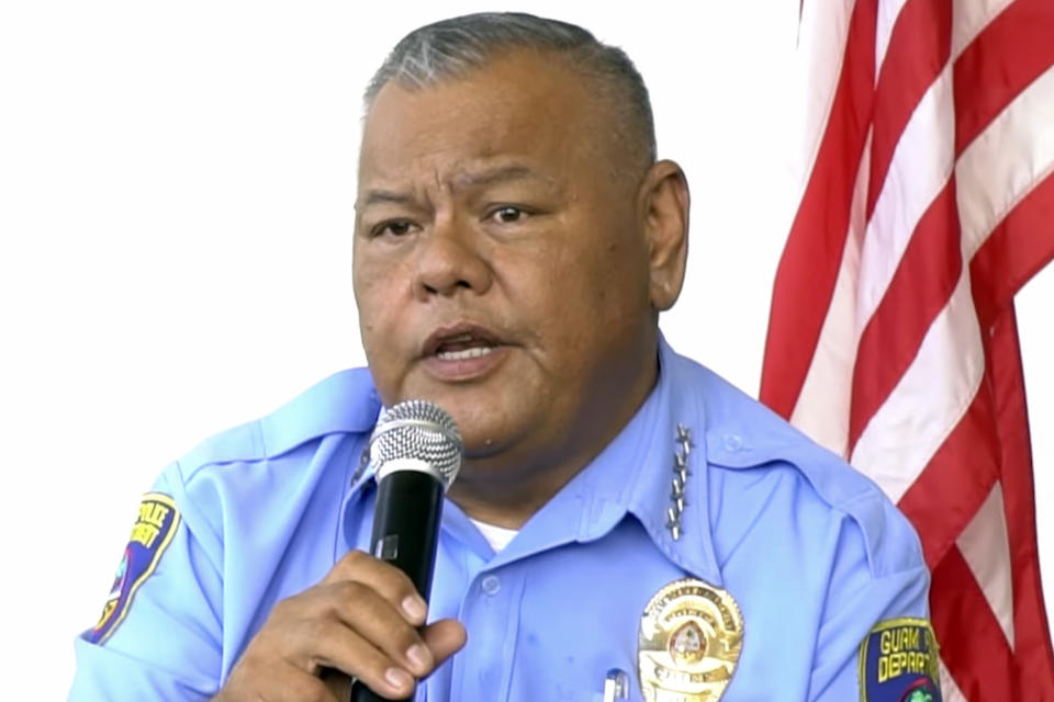 FILE - In this image taken from video Guam Police Department Chief Stephen Ignacio speaks during a joint news conference in Hagatna, Friday, Jan. 5, 2024. A man suspected of fatally shooting a South Korean tourist during a robbery last week in Guam has been found dead, and his alleged getaway driver was arrested, police in the U.S. territory said Tuesday, Jan. 9. (KUAM-TV via AP, File)