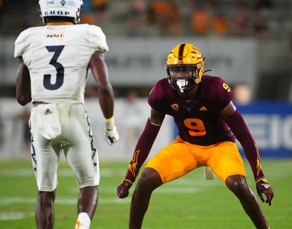 September 1, 2022; Tempe, Arizona; USA; ASU defensive back Ro Torrence (9) lines up against NAU during a game at Sun Devil Stadium.