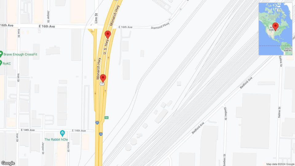 A detailed map that shows the affected road due to 'Broken down vehicle on northbound I-29/I-35 in North Kansas City' on July 26th at 10:47 p.m.