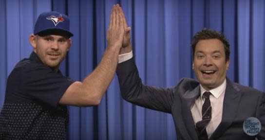 Blue Jays rookie Joe Biagini gets redemption in the form of a high-five from Jimmy Fallon. (NBC)