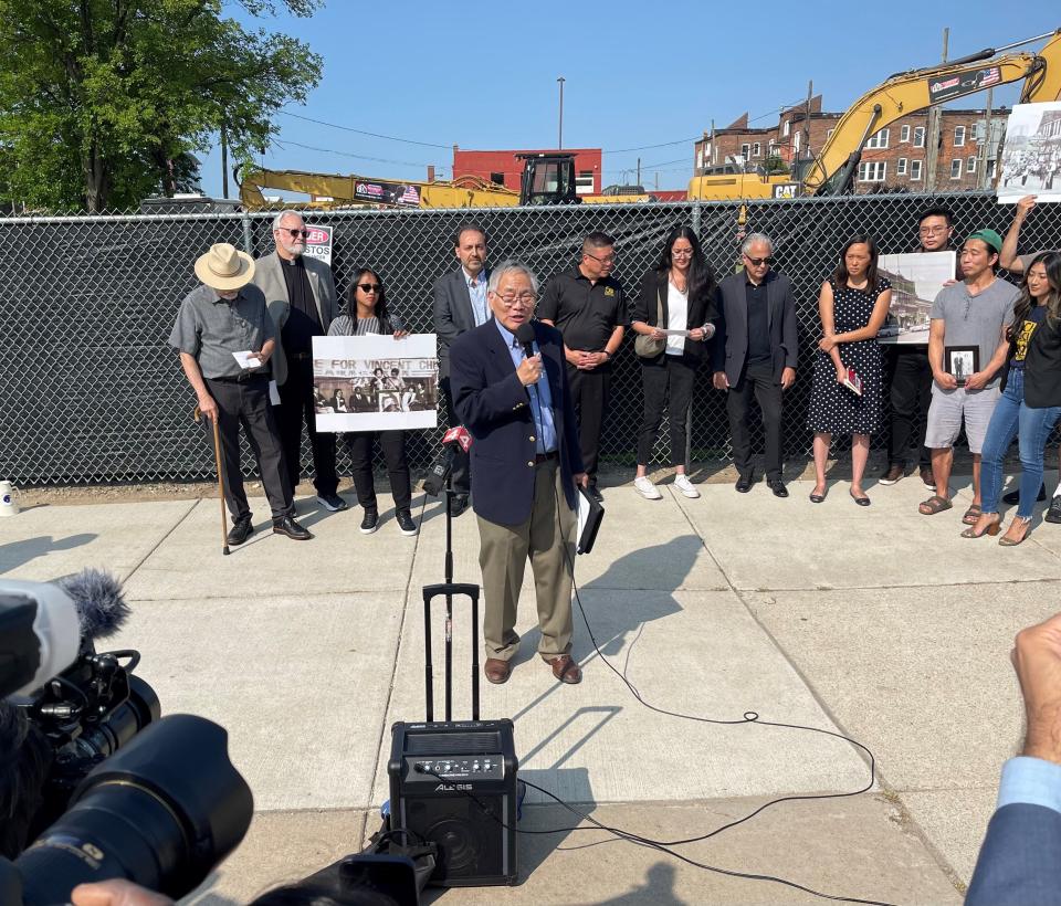 Ronald Hwang of American Citizens for Justice speaks at a Monday press conference after the demolition of a historic building at 3143 Cass Ave.