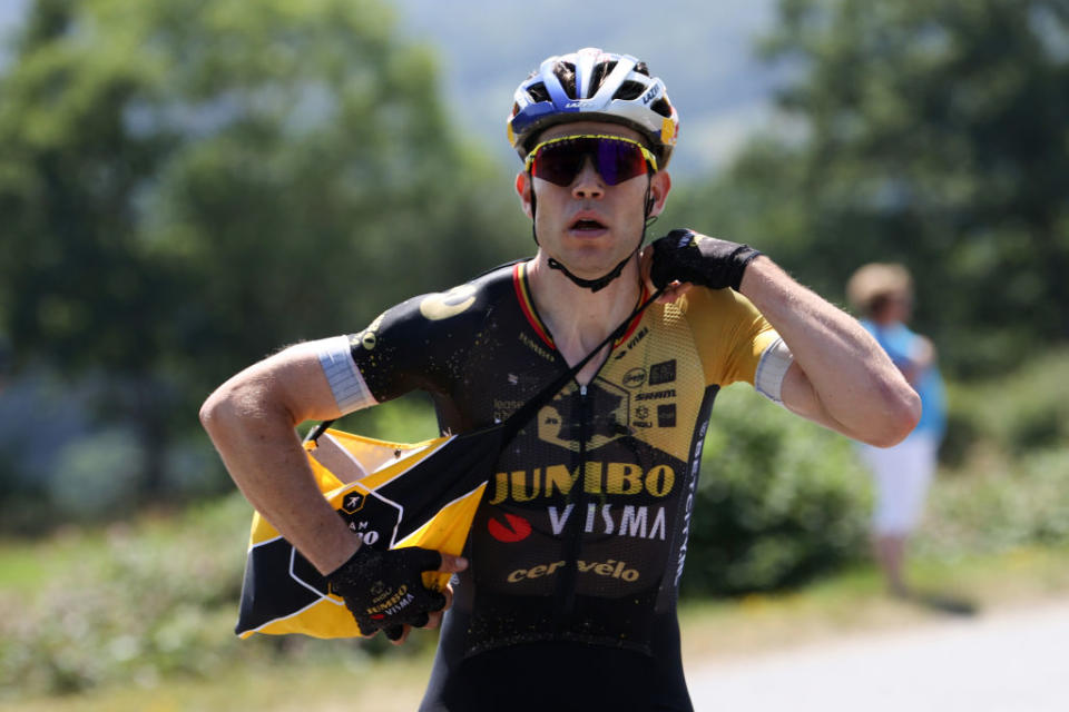 PUY DE DME FRANCE  JULY 09 Wout Van Aert of Belgium and Team JumboVisma picks a food bag during the stage nine of the 110th Tour de France 2023 a 1824km stage from SaintLonarddeNoblat to Puy de Dme 1412m  UCIWT  on July 09 2023 in Puy de Dme France Photo by Michael SteeleGetty Images