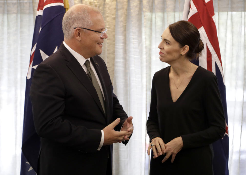 New Zealand Prime Minister Jacinda Ardern, right, talks with Australian Prime Minister Scott Morrison at a bilateral meeting following a national remembrance service for the victims of the March 15 mosques terrorist attack in Christchurch, New Zealand, Friday, March 29, 2019. (AP Photo/Mark Baker, Pool)