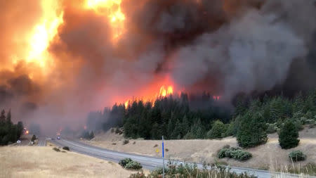 Smoke rises as the large delta fire spreads along Shasta County in California, U.S., September 5, 2018 in this picture obtained on September 6, 2018 from a social media video. CALIFORNIA HIGHWAY PATROL/via REUTERS