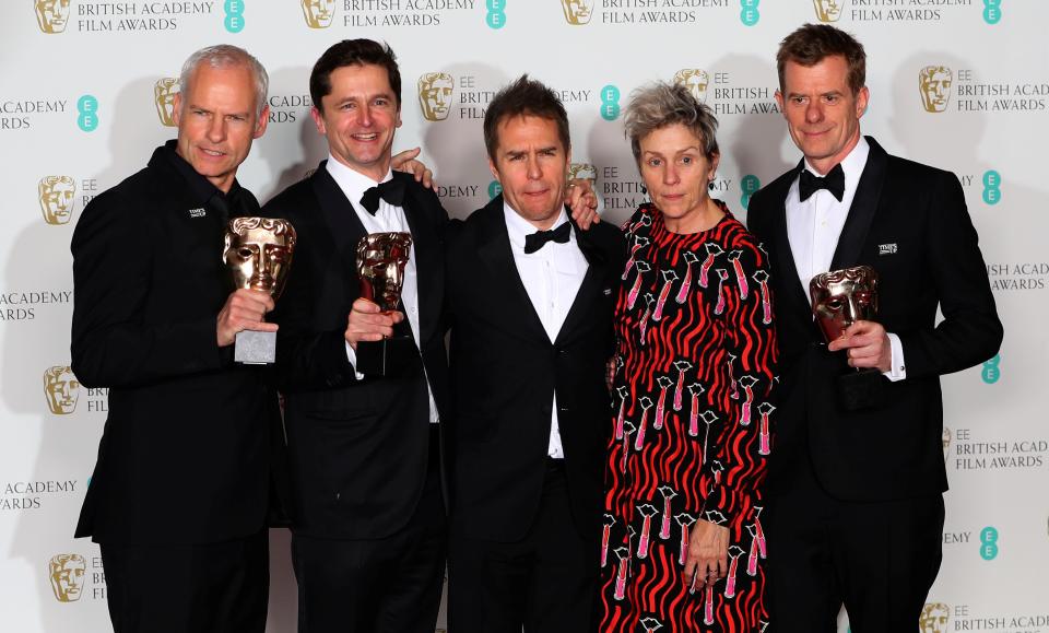 Martin McDonagh, Peter Czernin, Sam Rockwell and Graham Broadbent, with Frances McDormand, as they hold their trophies for Best Film for <i>Three Billboards Outside Ebbing Missouri</i> at BAFTA 2018. 