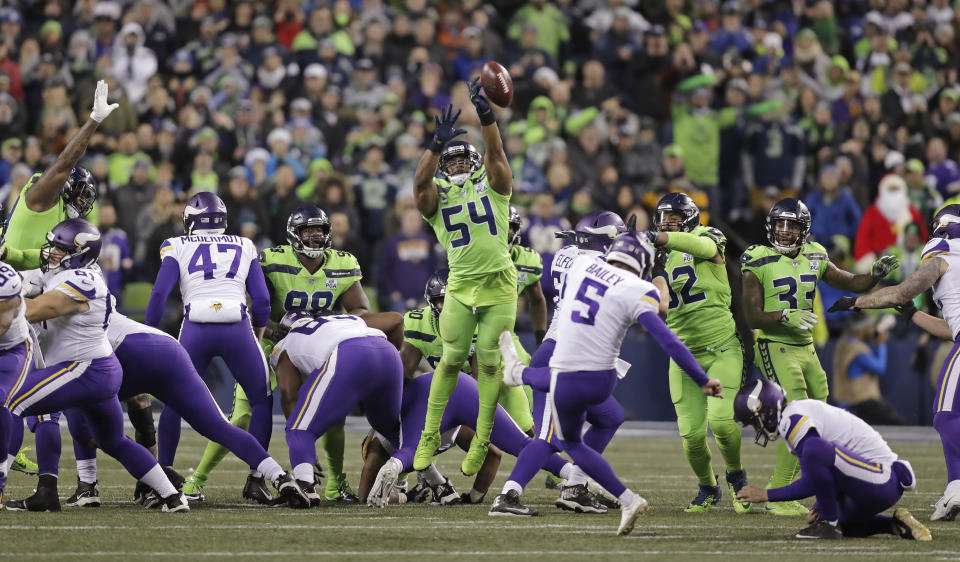 Bobby Wagner had a huge blocked field goal late against the Vikings. Was it legal? (AP)