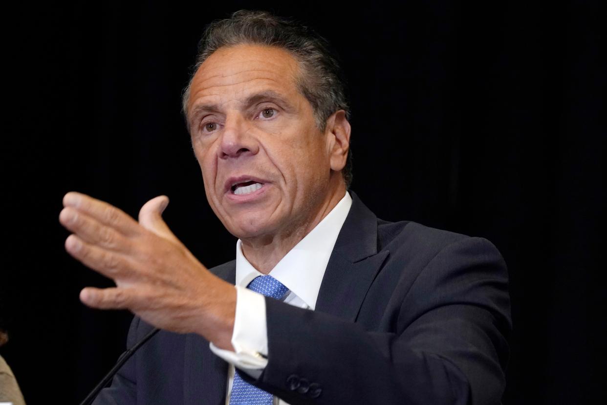 New York Gov. Andrew Cuomo speaks during a news conference at New York's Yankee Stadium on July 26, 2021. 