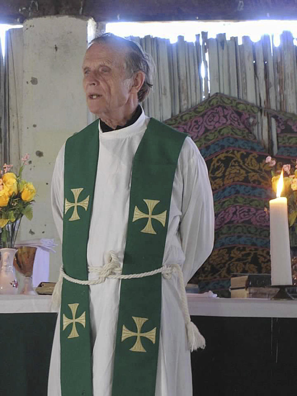 This 2013 photo provided to The Associated Press shows now-defrocked Catholic priest Richard Daschbach leading a service at a church in Kutet, East Timor. The church defrocked Daschbach in 2018, saying he had confessed to sexually abusing children. But he has widespread support, including backing from a former president of East Timor, who is also an independence hero. (AP Photo)