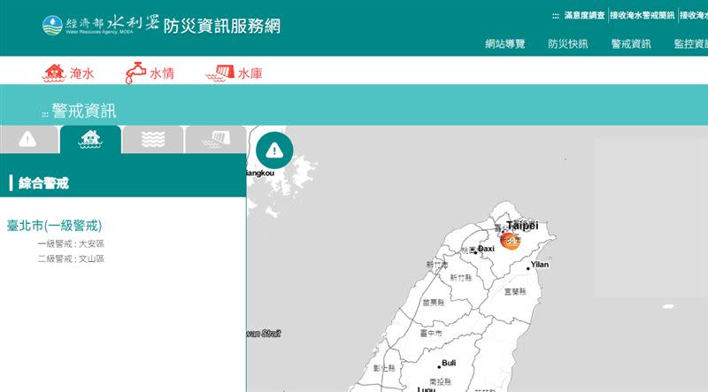 台北市2地區發出淹水警戒。（圖／翻攝自經濟部水利署）