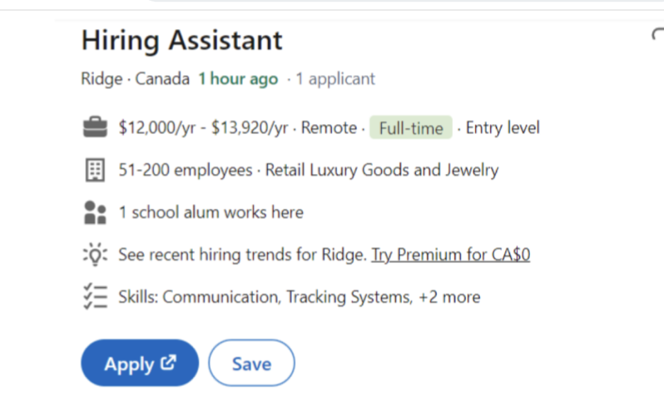 Job posting for a "Hiring Assistant" position with salary info, skills required, and an "Apply" button visible