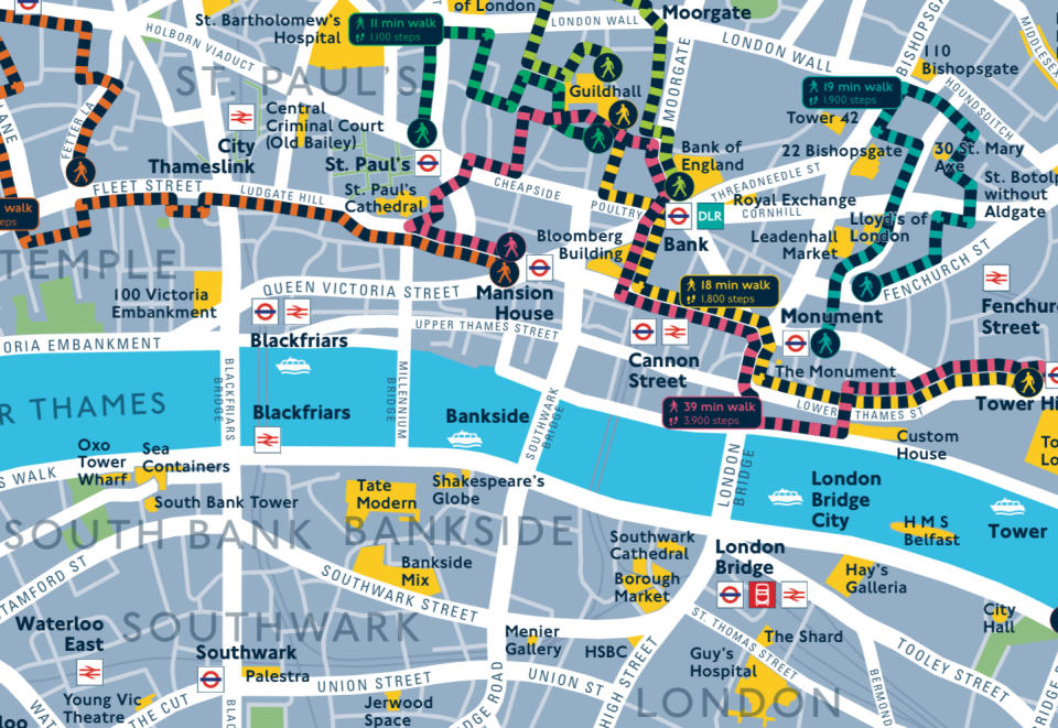 A map shows the routes between Tube stations in the City of London. (TfL)