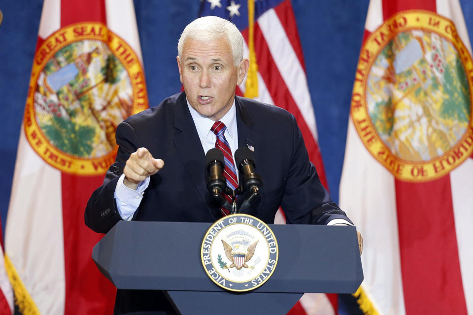 Vice President Mike Pence gives a campaign speech during a "Keep America Great" rally at the Venetian Event Center at St. Mark the Evangelist Catholic Church in Tampa, Fla., Thursday, Jan. 16, 2020. (Octavio Jones/Tampa Bay Times via AP)