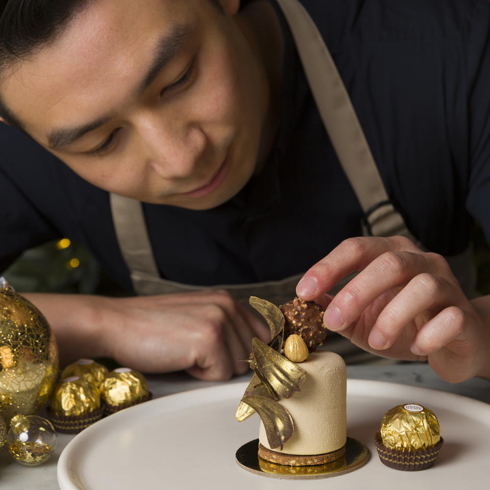 Reynold Poernomo and The Ferrero Rocher ‘Bell’ dessert. Photo: supplied.