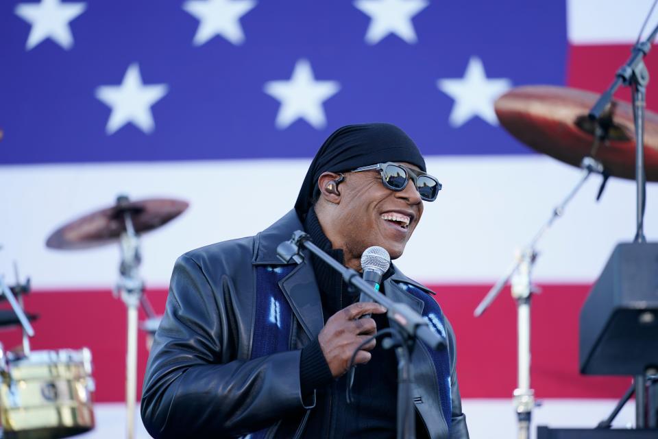 Stevie Wonder speaks before he performs and before Democratic presidential candidate former Vice President Joe Biden and former President Barack Obama speak at a rally at Belle Isle Casino in Detroit, Mich., Saturday, Oct. 31, 2020. (AP Photo/Andrew Harnik)AP