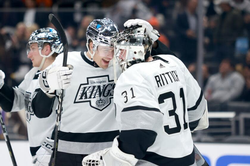 LOS ANGELES, CALIFORNIA - APRIL 13: Andreas Englund #5 and David Rittich.